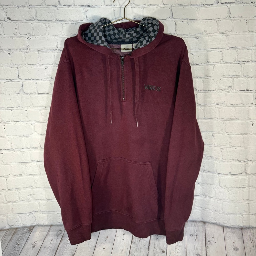 Vans Mens Quarter Zip Hoodie Burgundy Maroon Checkerboard Hood L Sweatshirt